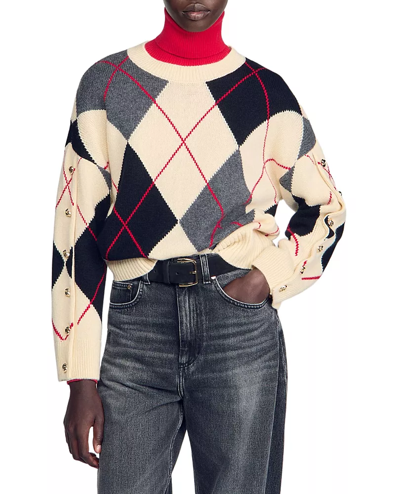 Sandro Gracie Wool & Cashmere Button Sleeve Argyle Sweater