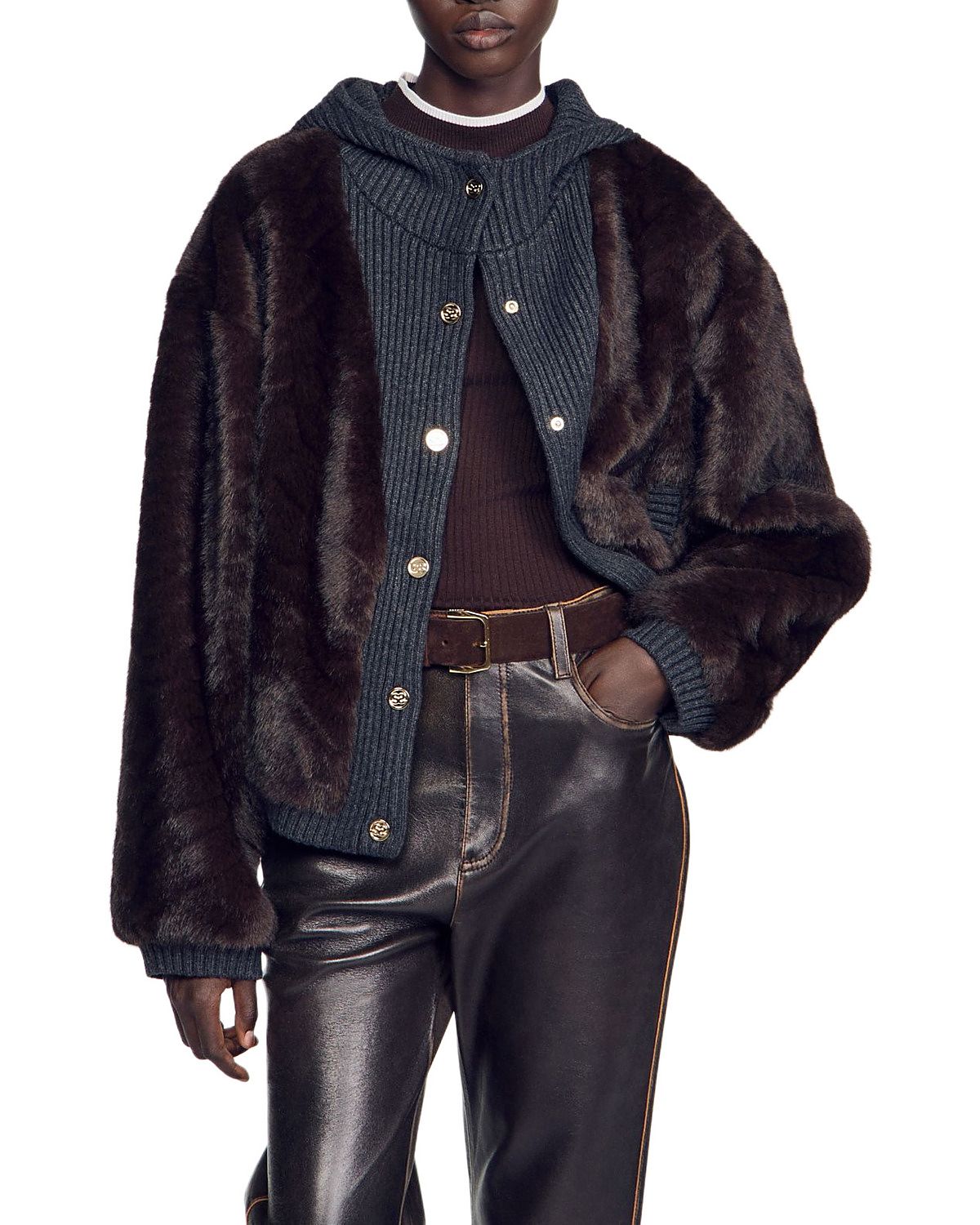 Sandro Theodore Faux Fur Ribbed Trim Jacket