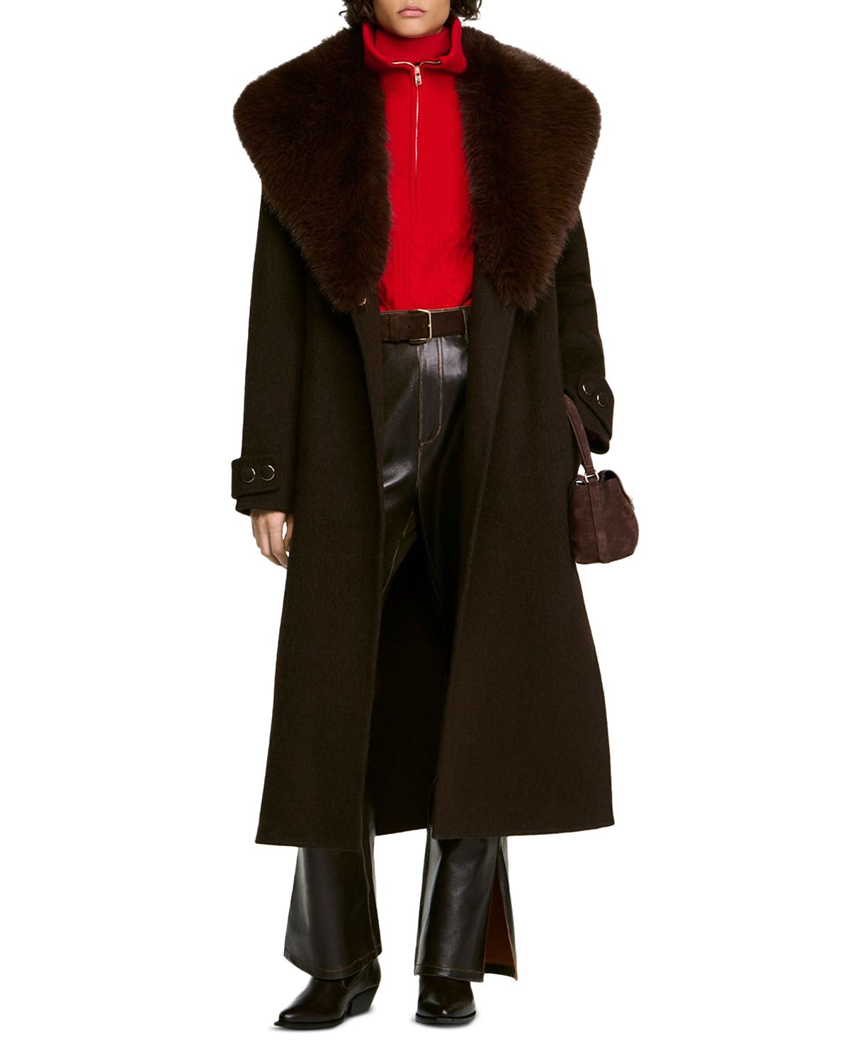 Sandro Gustave Faux Shearling Collar Robe Coat