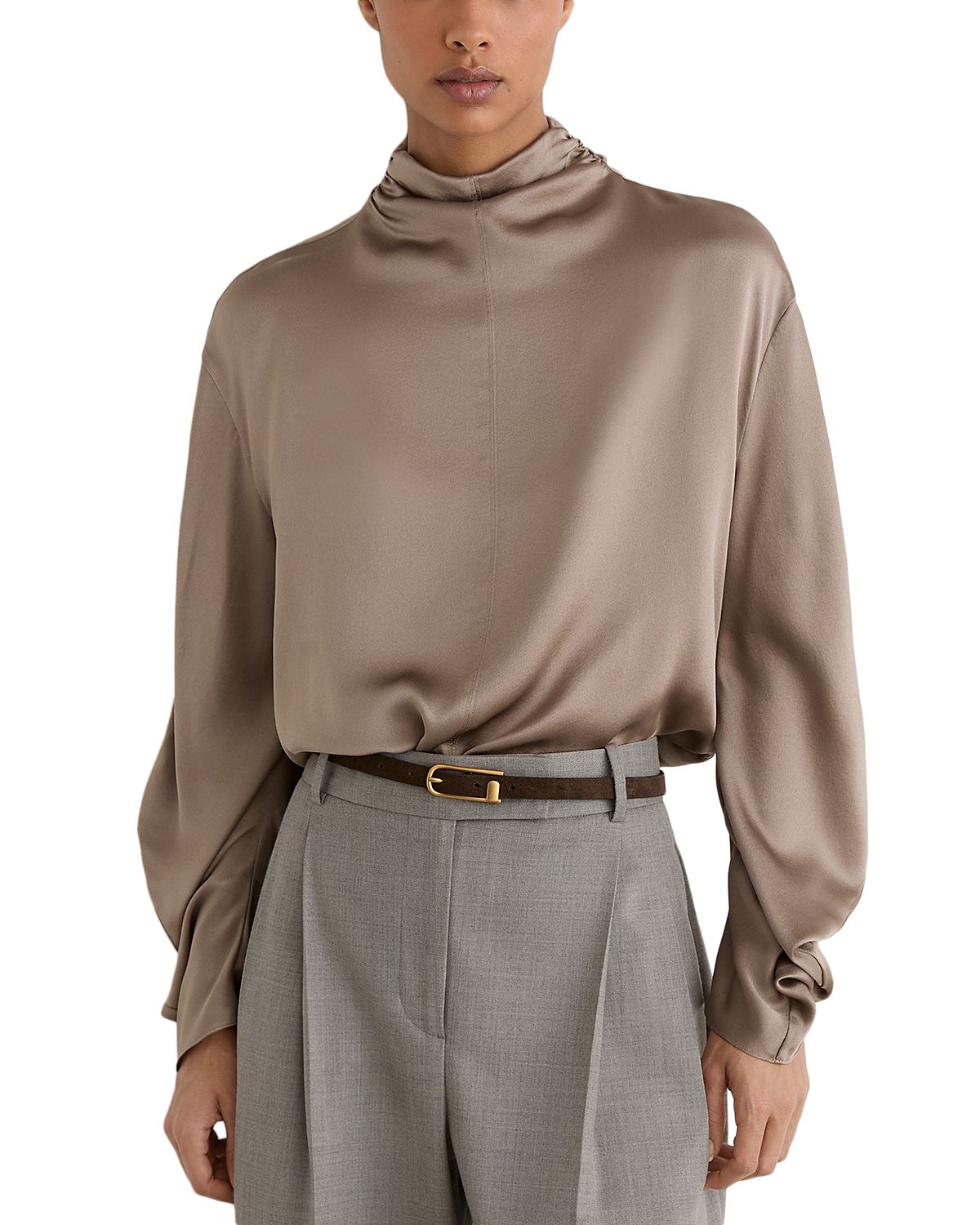 Reiss Meena High Neck Long Sleeve Silk Top