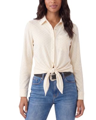 Faux Suede Long Sleeve Embellished Tie Front Shirt