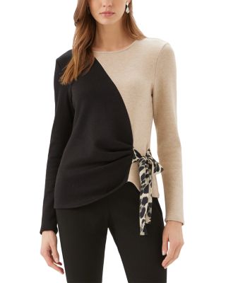 Petite Colorblock Long Sleeve Satin Bow Top