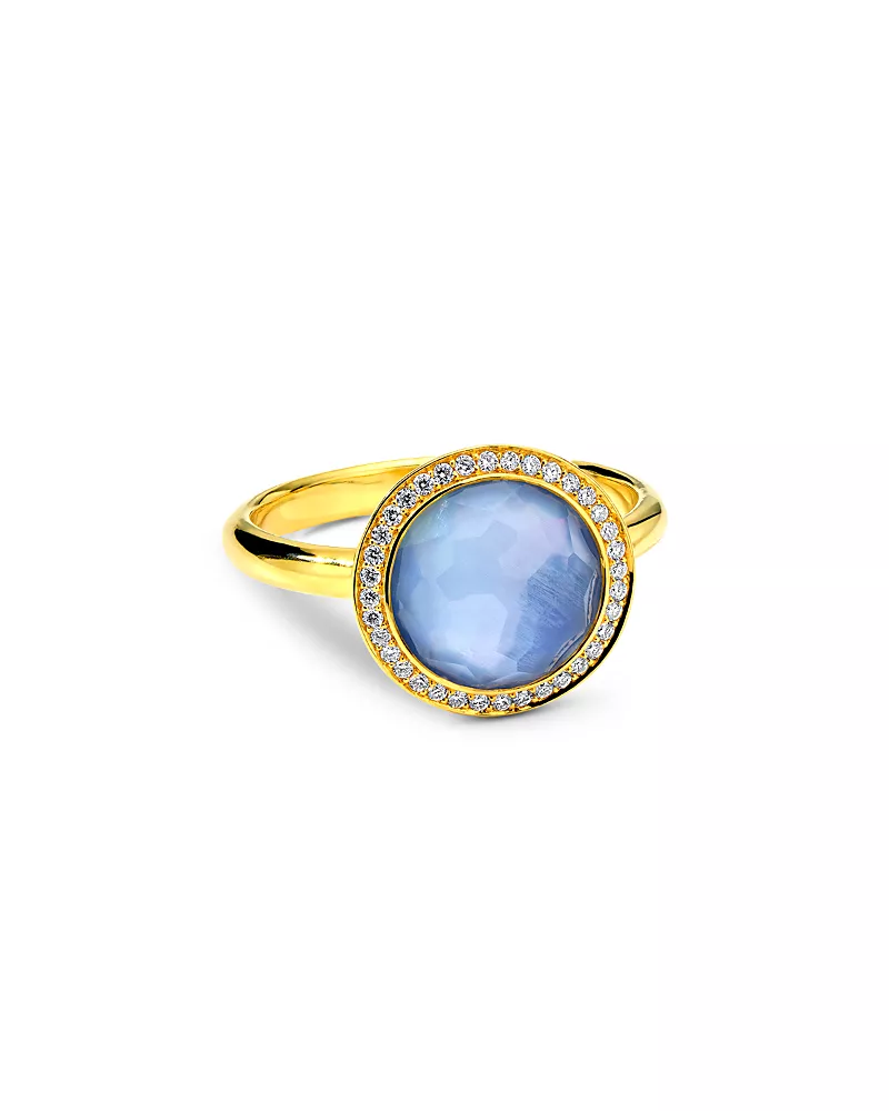 Ippolita 18K Yellow Gold Lollipop Quartz over Mother of Pearl over Lapis Triplet & Diamond Halo Ring