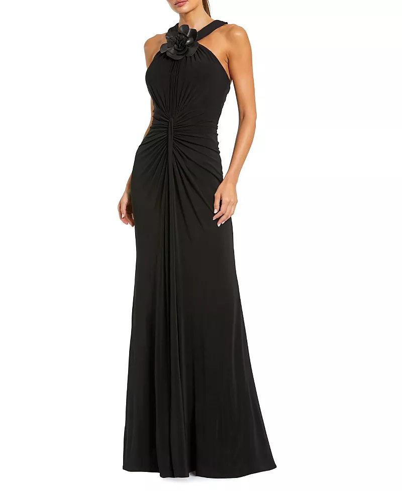 Mac Duggal Jersey Halter Gown with Floral Applique