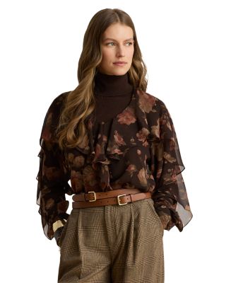 Floral V Neck Ruffle Trim Chiffon Blouse