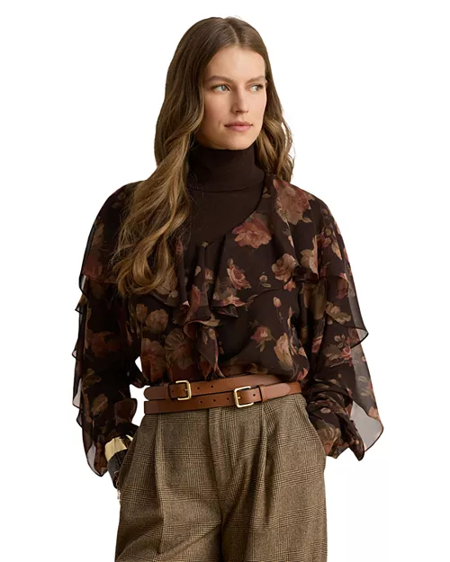 Floral V-Neck Ruffle Trim Chiffon Blouse