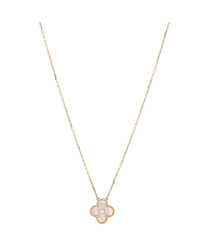Pre-Owned Van Cleef & Arpels Vintage Alhambra Pendant Necklace 18K Gold and Gold Mother of Pearl with Diamond, 16.5