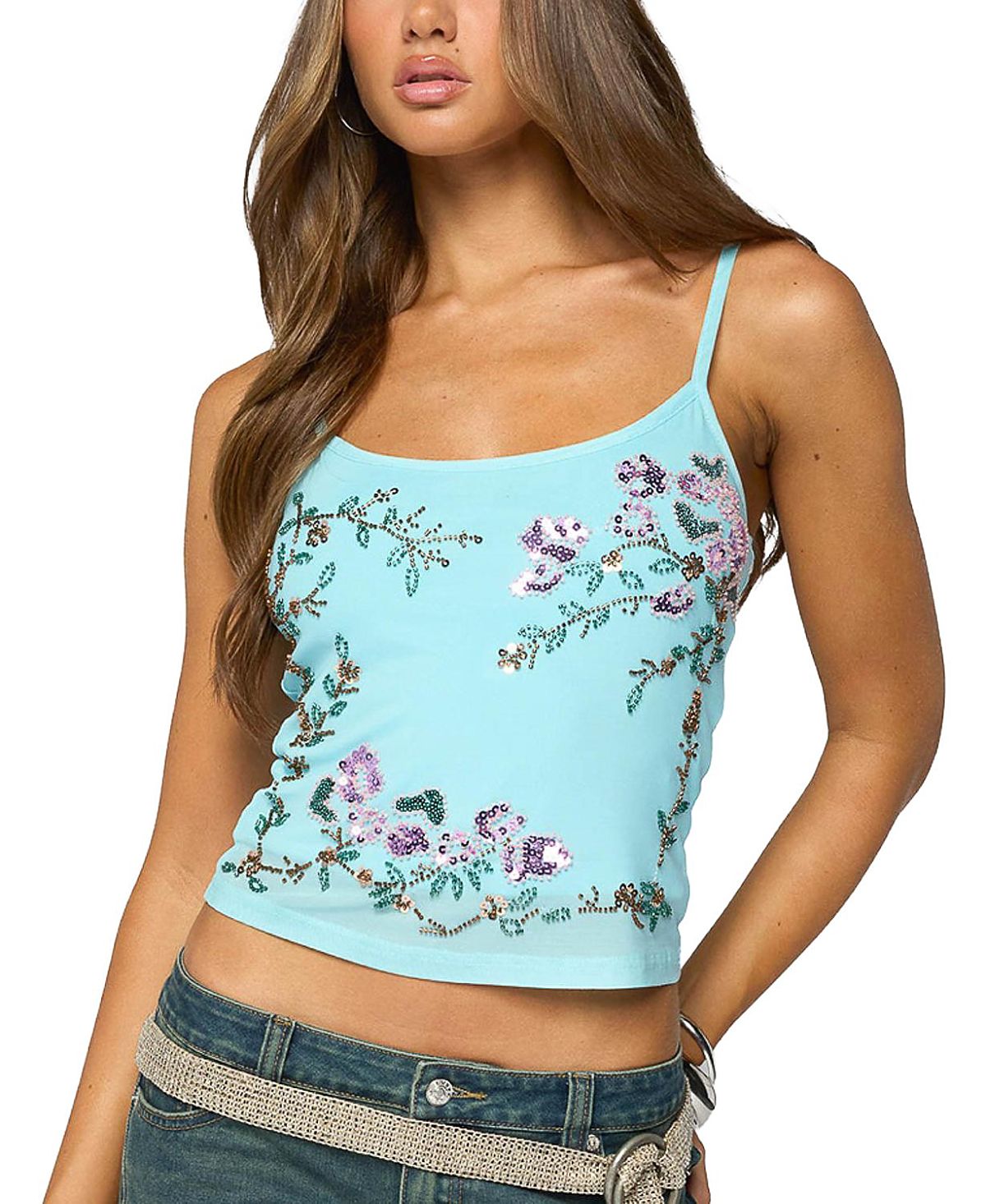 Edikted Blair Floral Bead & Sequin Mesh Top