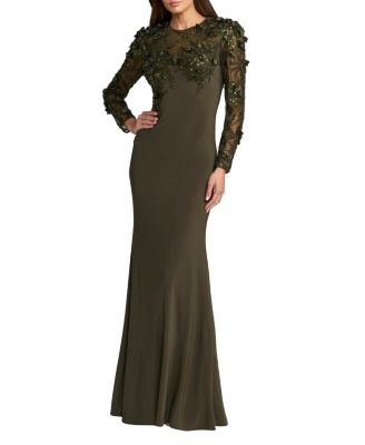  Jersey Long Sleeve Fitted Gown With Floral Beading