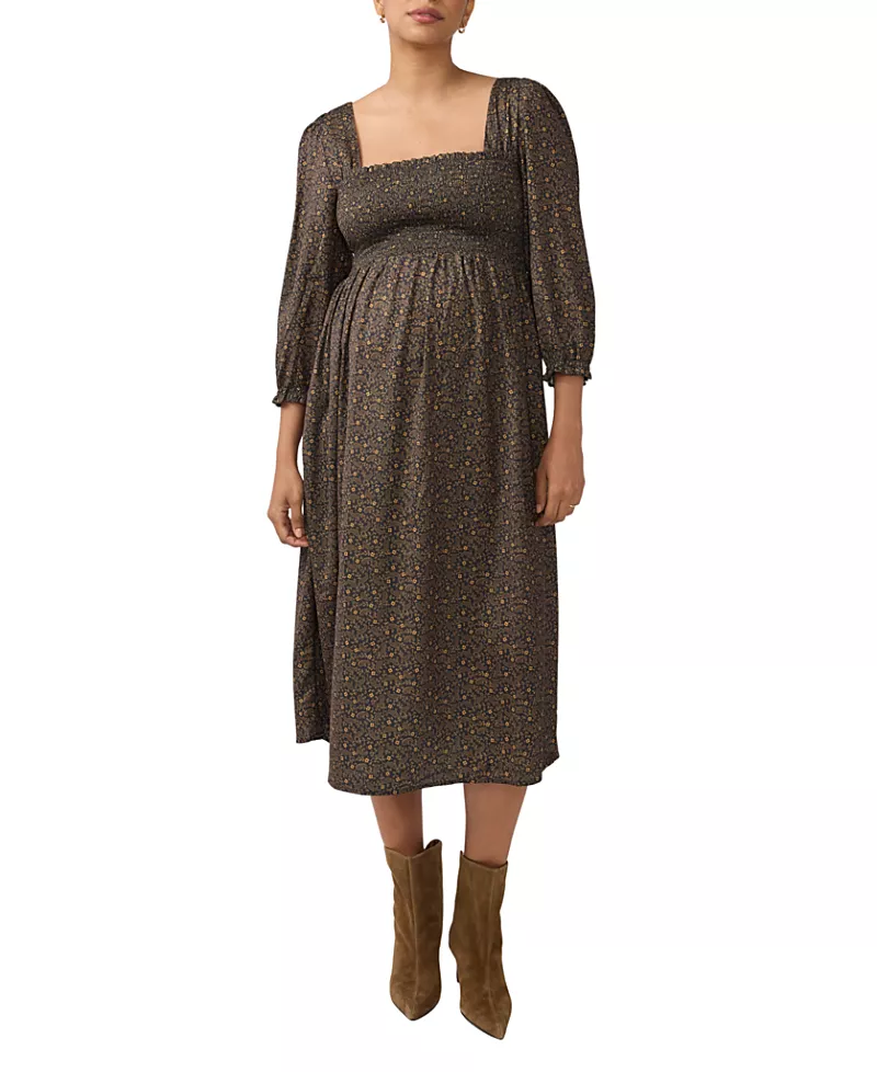 Ingrid & Isabel Smocked Sateen Maternity and Nursing Midi Dress