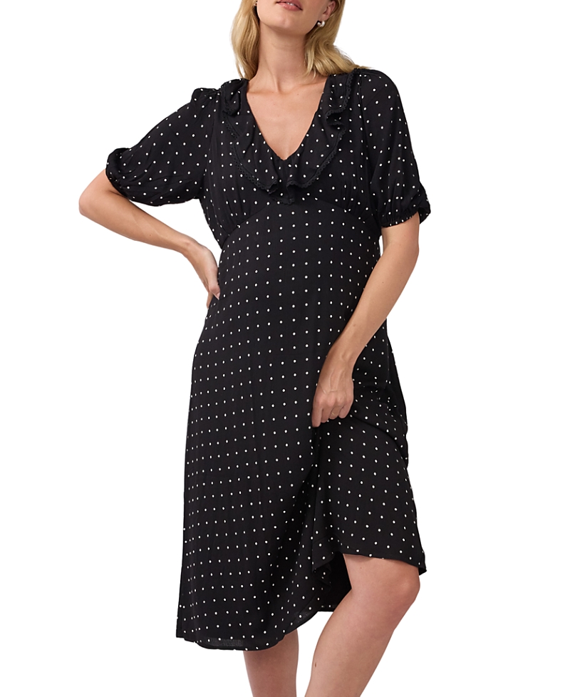 Ingrid & Isabel Ruffle V-neck Maternity Midi Dress In Black/white Dot