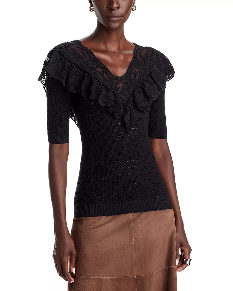 Sea Chandra Wool Ruffled Lace Trim Sweater