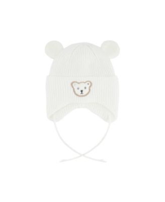 Deux Par Deux Unisex Teddy Bear Ear Flap Fleece Lined Winter Knit Hat - Baby In White