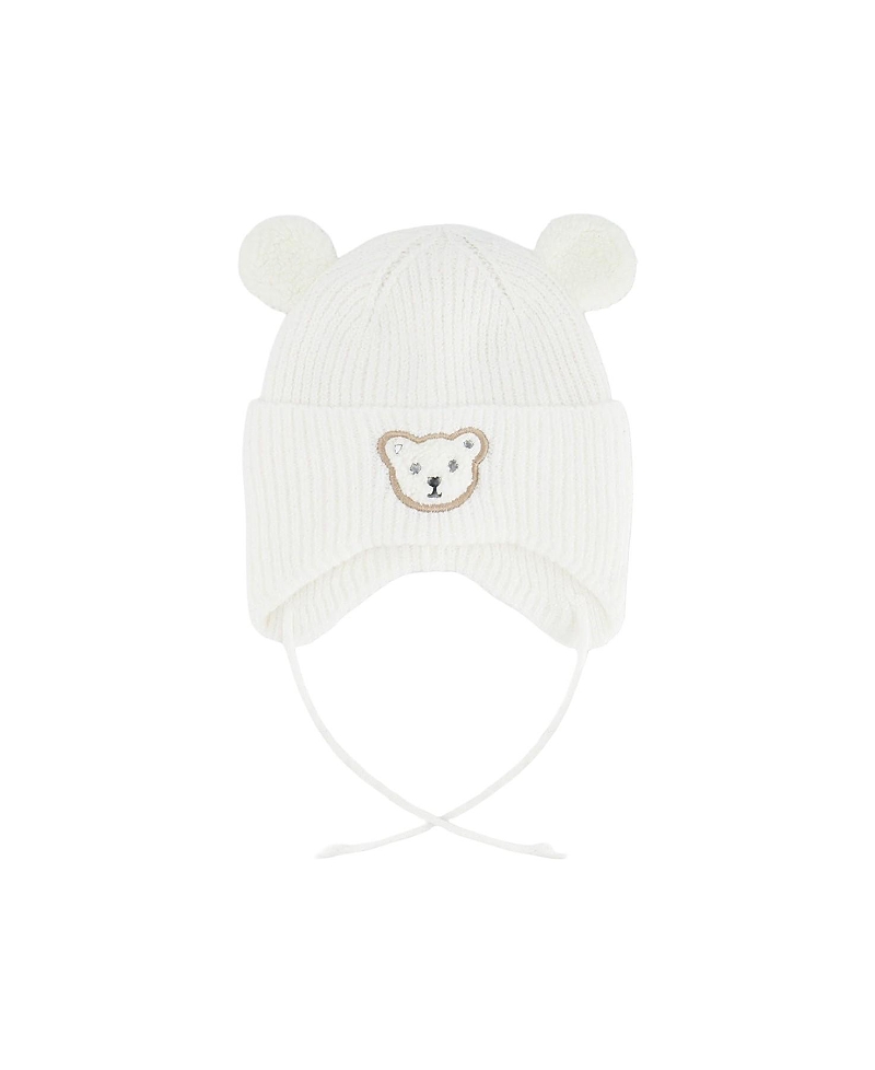 Deux Par Deux Unisex Teddy Bear Ear Flap Fleece Lined Winter Knit Hat - Baby In White