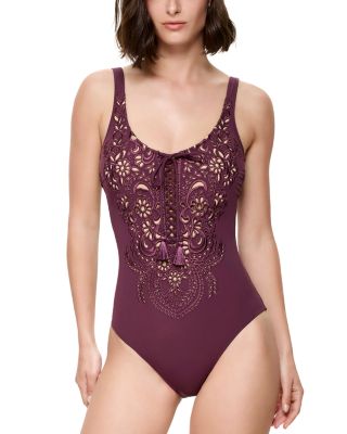 Versaille Lace-Up Embroidered Swimsuit