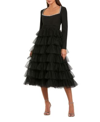 Crepe And Tulle Long Sleeve Ruffle Midi Dress