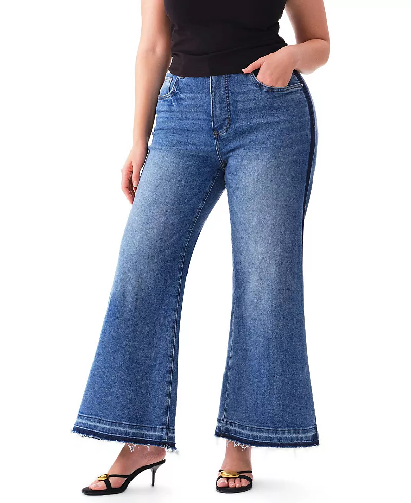 Bayeas Plus Mid Rise Wide Leg Frayed Hem Denim Jeans with Two-Tone Splice in Trappist-1E