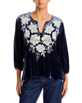 Split Neck Embroidered Velvet Top