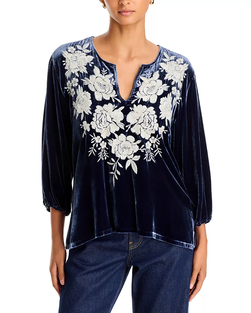 Johnny Was Split Neck Embroidered Velvet Top