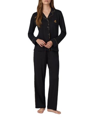 Cotton Blend Classic Knits Notch Collar Long Pants Pajama Set
