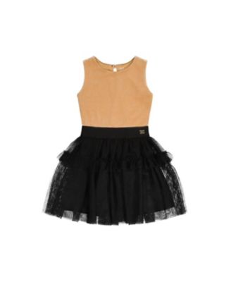  Girls' Bi-Material Sleeveless Tiered Mesh Ruffle Dress - Little Kid
