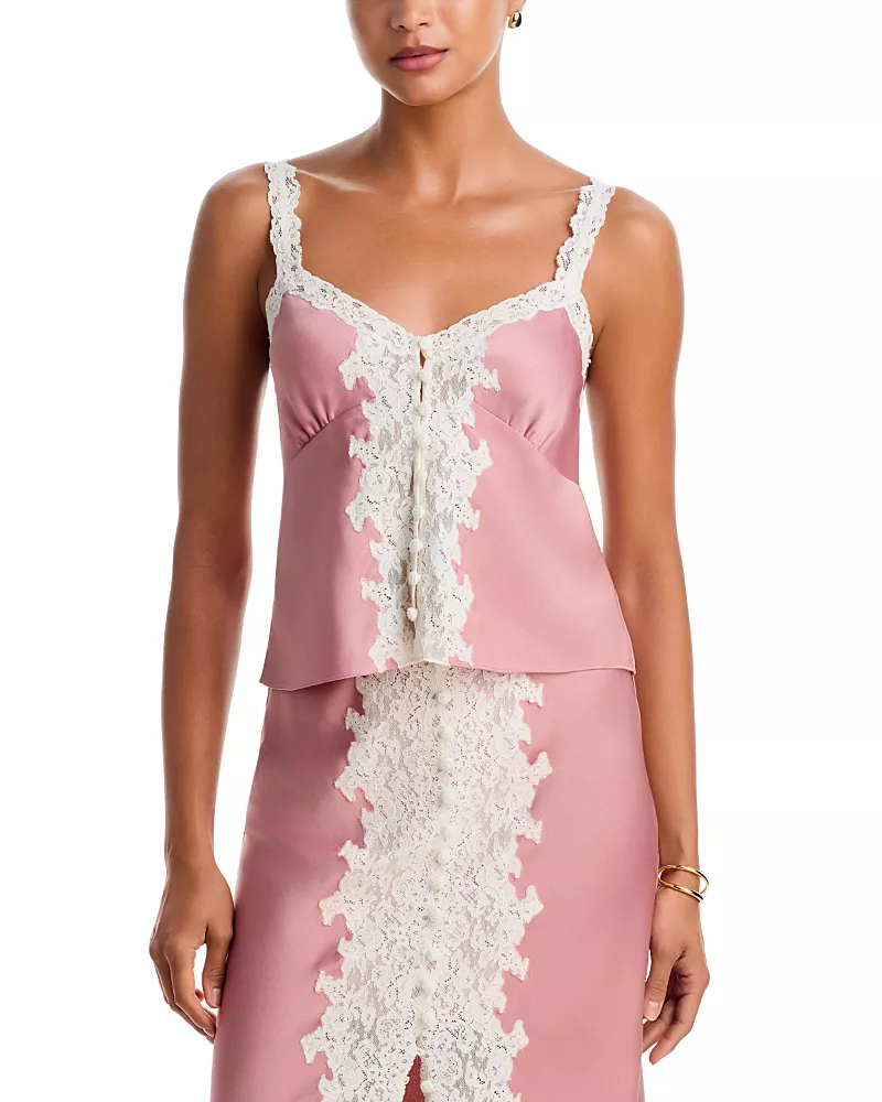 LoveShackFancy Effy Lace Trim Satin Top