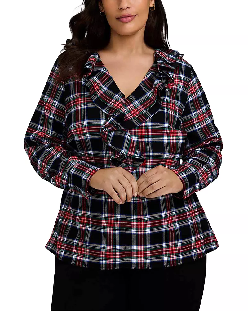 Foxcroft Plus Sandy Ruffled Plaid Shirt