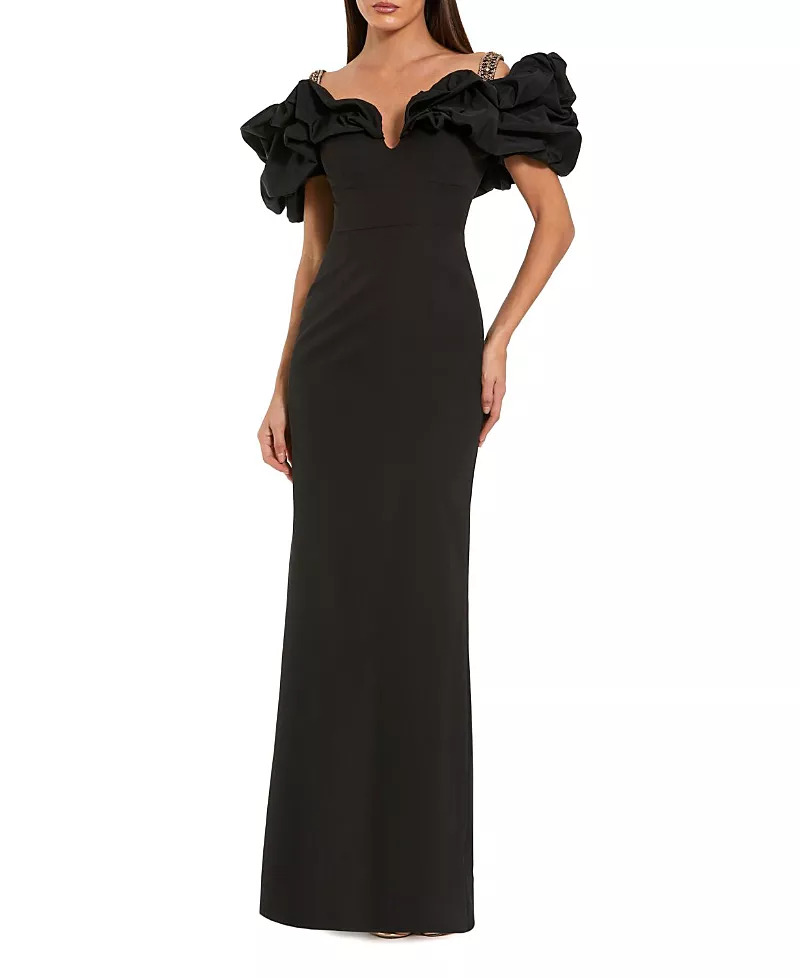 Mac Duggal Ruffle Off The Shoulder Crepe Column Gown