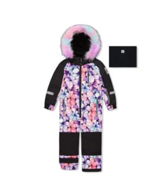Girls' Play Floral Faux Fur Hood & Expandable Sleeve One Piece Snowsuit - Little Kid, Big Kid