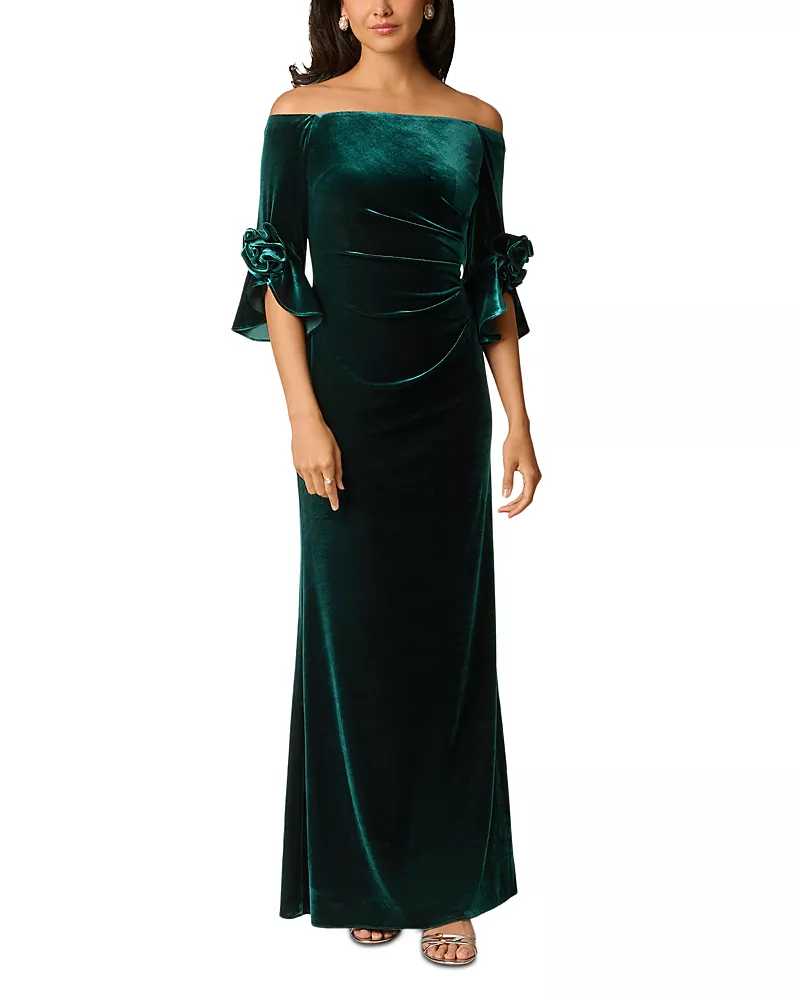Adrianna Papell Stretch Velvet Off-the-Shoulder Gown