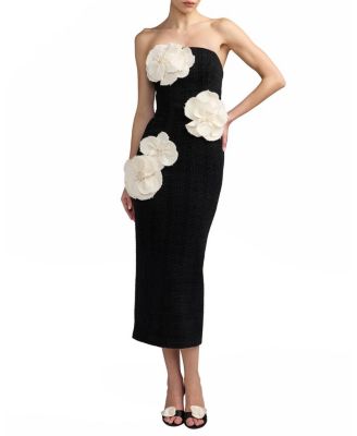  Strapless Boucle Fitted Midi Dress With 3D Flowers