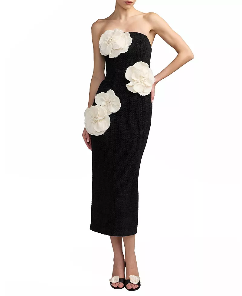 Mac Duggal Strapless Boucle Fitted Midi Dress With 3D Flowers