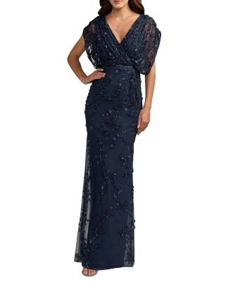  Beaded V-Neck Short Sleeve Blouson Gown