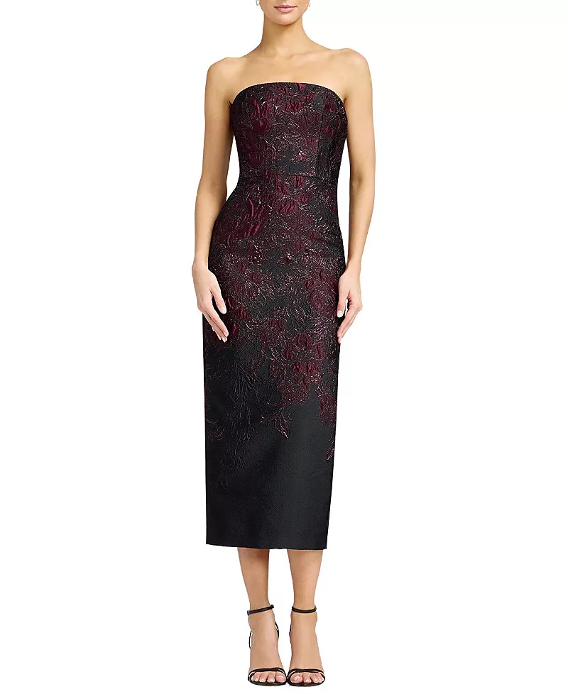 Dress the Population Viviana Strapless Floral Metallic Jacquard Midi Dress