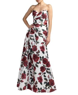  Floral Strapless Satin Gown With Bow