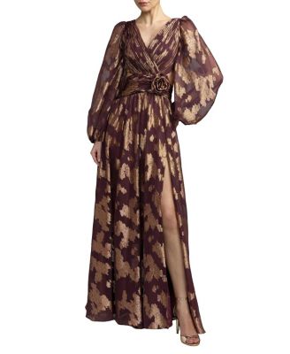  Burnout Chiffon Bishop Sleeve V Neck A Line Gown