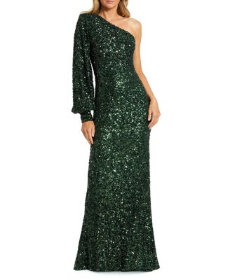  Sequined One Shoulder Bishop Sleeve Trumpet Gown