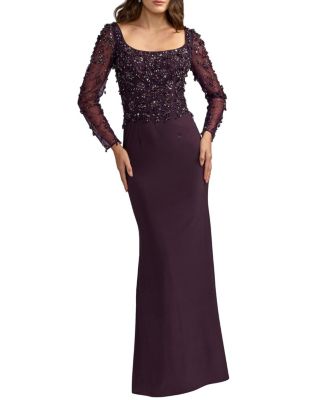  Embellished Mesh Long Sleeve Column Gown