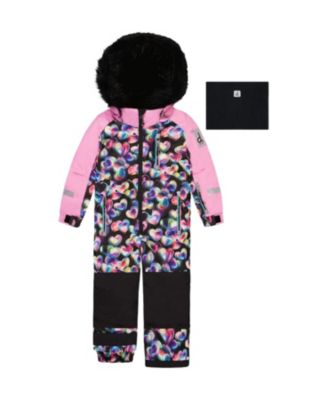 Girls' Play Heart Faux Fur Hood & Expandable Sleeve One Piece Snowsuit - Little Kid