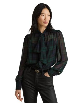 Black Watch Georgette Tie-Neck Blouse