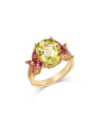 Diamond, Pink Tourmaline & Lemon Quartz Ring in 14K Yellow Gold, 0.1 tcw