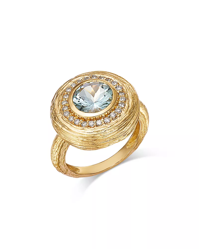 Bloomingdale's Fine Collection Aquamarine & Diamond Textured Bezel Set Ring in 14K Yellow Gold, 0.24 tcw