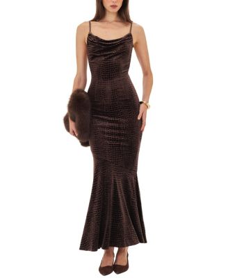  Veronique Croc-Embossed Velvet Cowl Neck Mermaid Maxi Dress