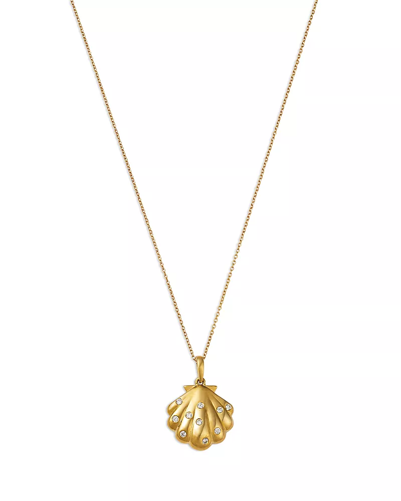 Bloomingdale's Fine Collection Diamond Studded Seashell Pendant Necklace in 14K Yellow Gold, 0.10 tcw