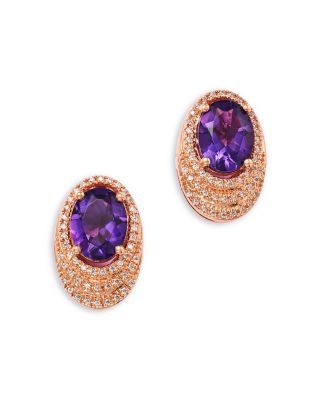 Amethyst & Diamond Oval Earrings in 14K Rose Gold, 0.20 tcw