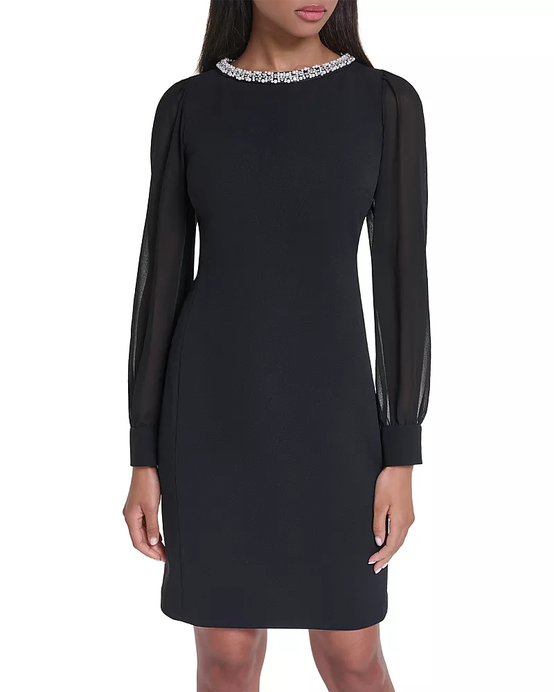 Karl Lagerfeld Paris Embellished Sheer Sleeve Sheath Dress