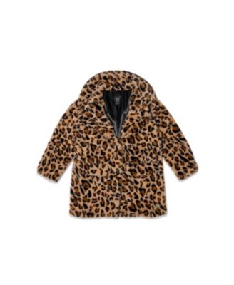 Girls' Leopard Faux Fur Button Front Side Pocket Long Coat - Little Kid