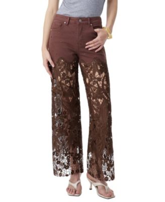  Embroidery High Rise Wide Leg Lace Jeans with Rhinestone in Chocolate