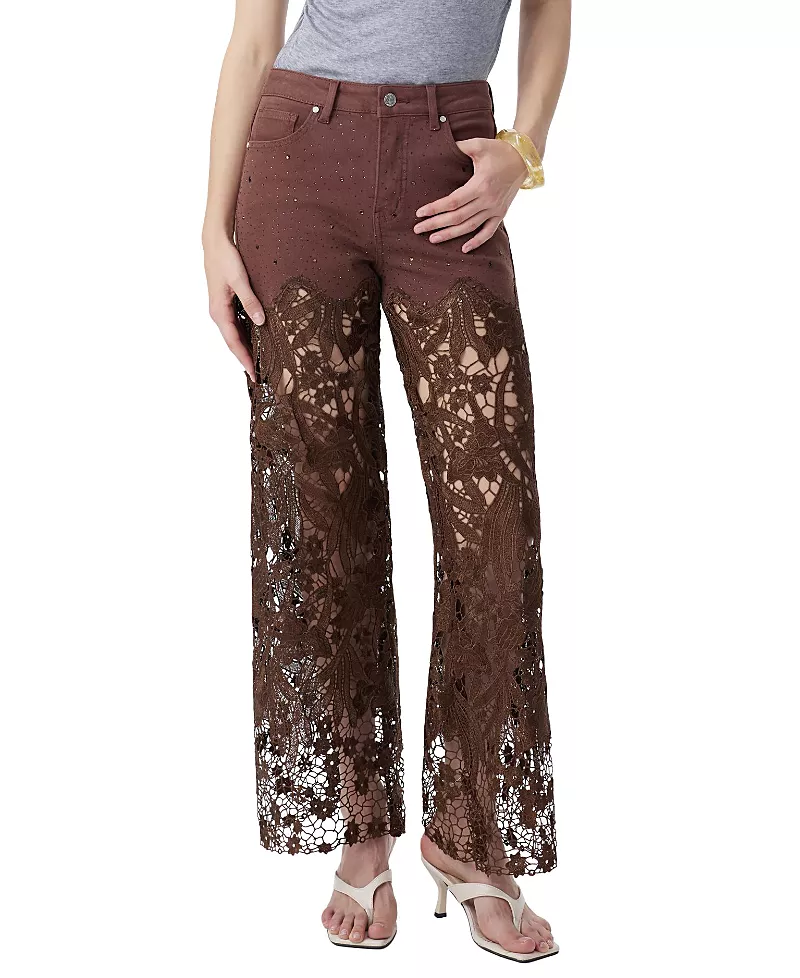 Bayeas Embroidery High Rise Wide Leg Lace Jeans with Rhinestone in Chocolate