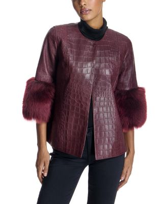 Croc Embossed Leather Jacket with Shearling Lamb Cuff Trim